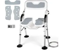 DEWEL Shower Chair For Elderly People With Groove, Backrest And Armrests, Foldable Shower Chair For Elderly, No Assembly, Height Adjustable, Load 150kg (Grey)