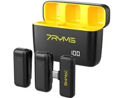 7RYMS Rimo S1(UC) Draadloze smartphone Microfoon USB-C - 2.4G Dual-channel - Geschikt voor o.a. iPhone 15, 16, Samsung en apparaten met USB-C - Met oplaadbare case tot 16 uur opnemen - Zwart/Geel