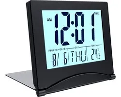 MMOBIEL Klok numérique LCD Réveil de voyage pliable avec rétroéclairage - Klok de bureau Wekker numérique avec température et date - Wekker numérique - Klok numérique sur piles incluses - Zwart