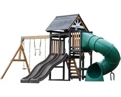 AXI Cody Aire de jeux avec balançoires, trapèze et mur d'escalade - Double toboggan gris - Avec toboggan tubulaire - Avec banc de pique-nique - Bois 100 % FSC - Aire de jeux pour le jardin / l'extérieur