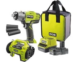 Ryobi 18 V ONE+ Kit professionnel de changement de pneus | Changement de pneus facile avec clé à chocs et compresseur | Inclut batterie 2,0 Ah et chargeur | Idéal pour dégonfler et gonfler