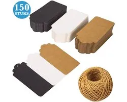 150x Stuks Kraft Karton Labels met 20m Jute Touw - Hart Kartonnen Cadeaulabels met Gaatje en Koord - Bruine, Zwarte & Witte Etiketten - Kraftpapier Naamkaartjes - Blanco Prijskaartjes\Prijslabels met Koortje - 7*4 cm