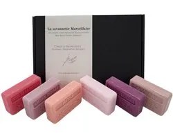 Soap bar cadeauset savon de marseille zeep Fruit de la passion, Rose, unicorn, patchouli, ambre boisee, kersenbloesem - brievenbus cadeau - geurend kado