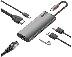 Multiport USB C Hub met Ethernet Adapter - USB C naar HDMI - USB Splitter - Docking Station geschikt voor Thunderbolt Dock, MacBook Pro, Air, Laptop - Aluminium - Space Gray