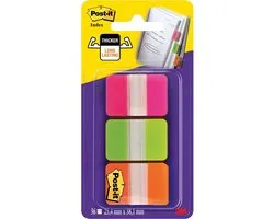 Post-it® Index Strong, rose, vert, orange, 25,4 x 38 mm, 12 onglets / couleur / distributeur