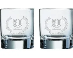 Gegraveerde set Whiskeyglazen 20cl Papa + Mama 50 jaar getrouwd