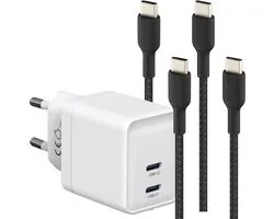 Chargeur rapide avec 2 Portes USB-C + 2 câbles USB C robustes 1 mètre - Technologie GaN - Chargeur super Fast 35 W - Convient pour Apple Macbook Air, ChromeBook, Samsung Galaxy, tablette, smartphone, Google Pixel