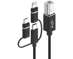 3 IN 1 - 8-Pin + USB-C + Micro-USB naar USB-B MIDI (Micro-B) kabel adapter voor o.a. keyboard en printer geschikt voor iPhone en iPad - 1 Meter - zwart