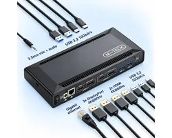 M-TECK USB-C Thunderbolt Docking Station Pro Max - 2 x HDMI - 2 x DisplayPort Video uitgangen - 13 poorten - 130W oplader - 1Gb Ethernet - 4 x USB 10Gbit/s - 2 x USB-C - Audio - Geschikt voor ALLE type Laptops en MacBooks!