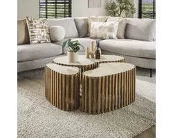 Ensemble de 3 tables basses Vento en forme de rein, en travertin massif couleur sable mangue.