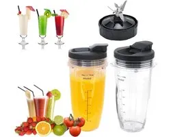 OIMG 24OZ Pièces de rechange pour mixeur - Convient pour Ninja - gobelet 24 oz 710ml - avec 7 ailettes B s & couvercle d'étanchéité - Convient pour Nutri Ninja BL480 BL482 BL642 NN102 BL682 - 2 gobelets, 2 couvercles, 1 base (noir)