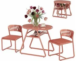 3-piece outdoor bistro set – 80 cm round table plus 2 chairs made of iron and breathable PE rope – Anti-corrosion frame, modern compact design, easy to clean, perfect for patios