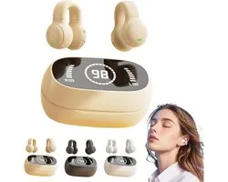 Écouteurs intra-auriculaires sans fil à conduction osseuse, version 5.2 avec écran LED intelligent, avec capteur d'empreintes Bluetooth, pour la course à pied, le cyclisme et l'entraînement (beige).