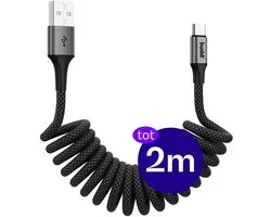 Buddi Flex | Uitrekbare USB-A naar USB-C Krul Kabel 12W Fast Charge 5V/2.4A | 480Mbps Dataoverdracht | Gevlochten Elastisch Nylon | Krulsnoer | Spiraalkabel | Voor in de auto | 2M | 2 Meter | Zwart