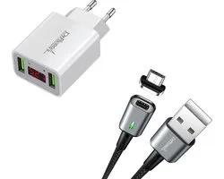 DrPhone iCON - Magnetische Micro USB Oplaadkabel 3A + Thuislader 2 poorten USB Oplader 2.2A met LED Display - Zwart & Wit