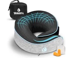 TRAVARA Nekkussen The Wrapper - Reiskussen - Voor Vliegtuig - Auto - Traagschuim - Memory Foam - Met Oordoppen - Grijs