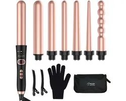 Ensemble de fer à Bestope | 6-en-1 | 13 à 32 mm | Régulation de la température | Gant | Pinces à cheveux | Or rose