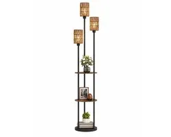 CINK & Co Vloerlamp met 2 Planken - 3-Lichts E27 met Rotan Kappen - Met Voetschakelaar - Zwart en Houtkleur - 30 x 30 x 180 cm