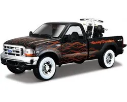 Maisto Modelauto - Ford F-350 pickup - met Harley Davidson motor - zwart - 20 cm - Schaal 1:24 - Speelgoedauto - Miniatuurauto