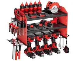 VEVOR Tool Storage Wall Mount, porte-outils mural 3 niveaux avec 4 supports de forage, support d'outils avec compartiments latéraux, organisateur d'outils pour garage, établi et atelier, rouge