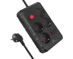 Maclean MCE393 B - Multiprise avec rallonge 4 pôles et 3xUSB - 110-240V AC 50/60Hz - 2.1A max 2500W - 3m - Noir