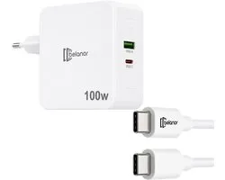 Belanor 100W GaN Snellader + 1M USB-C naar USB-C Kabel – USB-C Power Delivery (PD) & Quick Charge 3.0 – USB-A & USB-C Oplader