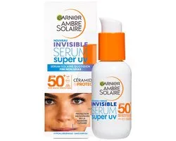 Garnier Ambre Solaire Dagelijkse Invisible Super UV SPF50+ Serum - Onzichtbaar Zonnecrème serum met hoge bescherming SPF50+ - Dagelijkse Zonnecrèmecrème voor alle huidypen met Cermaide Protect, zonder witte waas - 30 ML