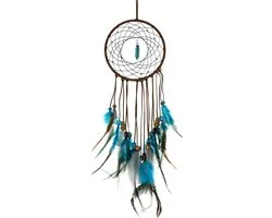 Grote Handgemaakte Dromenvanger - Dromen Vanger - Dream Catcher - Dream Catcher Groot - Indianen Deco Droomvanger met Steen Kraaltjes Veren – Bruin / Blauw