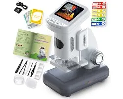 Microscope pour Enfants - Livret d'apprentissage + Cartes de Mission Inclus - Microscope Numérique pour Enfants 1200x avec Écran HD - Support Amovible - Rechargeable - Microscope Portable - Photo & Vidéo - Jouet STEM