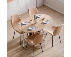 Mobile Folding Dining Table with Storage Shelves, Space-Saving Extendable Kitchen Table with Wheels, Smooth Rounded Edges, Small Space Table for Dining Room, Multifunctional Foldable Table 120x80x75 cm Oak & White – Meda Home Store