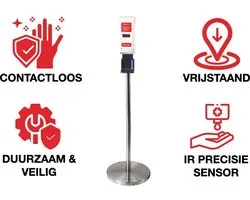 Neilsen No Touch Desinfectie Zuil met sensor en automatische dispenser - incl batterijen en 1 liter 70% alcohol sanitizer handgel - desinfectie station - RVS roestvrij staal - 1.2 m hoog
