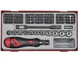 Bitsen- en doppenset met ratelschroevendraaier TT1 tray 1/4 PH- PZ- Plat- TX-- TPX- HEX- ROB- gr 84 delig Teng Tools TTMDR84