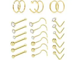 Set de 24 piercings de nez en acier inoxydable 14K avec oxyde de zirconium, incluant vis, clicker et divers styles