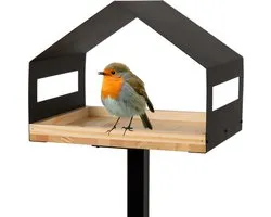 WONDERMAKE® design vogelhuis met standaard van metaal en hout, weerbestendig, moderne vogelvoederbak, groot metalen dakstaander, vogelvoeder voor vogels om op te staan XL