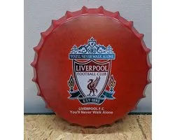 FC Liverpool Bouchon de bière métallique mural - 35cm Rond - Mancave - Décoration murale - Plaque métallique - Décoration mancave - Décoration - Bouchons de bière métalliques - Panneaux de texte - Plaque métallique