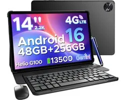 Doogee TAB E3 Max VIP - Tablet - 48 GB RAM + 256 GB ROM /TF 2TB - MTK Helio G100 - 14 inth Ips - Android 16 - 13500mAh - 4G LTE - 5G WLAN - Vier luidsprekers - GPS - Zwart