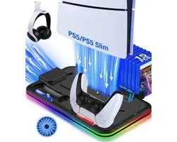 PS5 Cooling Station & Controller Oplaadstation met RGB Verlichting – Charging Dock, Controllerhouder & Headsethouder – Geschikt voor PS5, PS5 Slim, PS5 Pro, Digital & Disc Edition – Zwart