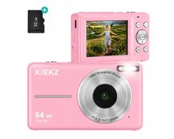 Kiekz Digitale Camera 64MP - Fotocamera Full HD - Mini Camera - Compact Camera - Fototoestel - Autofocus - Ideaal voor Kinderen en Beginners - Kindercamera - Inclusief 32GB SD Kaart - Roze