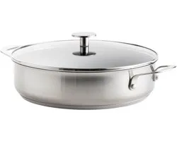 Poêle à frire KitchenAid avec couvercle 28 cm - 4,3 L - Revêtement antiadhésif sans PFAS - Poêle à frire induction - Poêle à frire en acier inoxydable - Résistante au four jusqu'à 230 degrés - Argenté