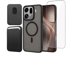 Hoesje + Pasjeshouder + Screenprotector geschikt voor OPPO Find X9 Pro - Portemonnee geschikt voor MagSafe - Magnetisch - Pasjes Houder - Creditcardhouder - Zwart