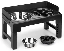 Nobleza Verhoogde Hondenvoerbak – Verstelbaar in 6 Hoogtes & Kantelbaar – Met Antiknoei Rand – RVS Voerbak 1000ml + Antischrokbak 600ml – Voor Honden en Katten – Zwart