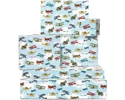 Wrapping Paper for Kids, 6 Sheets Gift Wrapping and Labels, Vintage Airplane, Boys Birthday, Gift Wrapping for Him, Birthday Gift for Men, Comes with Stickers, Recyclable