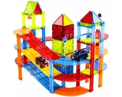 Magnetic Tiles Racebaan - 126 Stuks - Zelfrijdende Auto's - Speelgoed - Magnetische Tegels - Educatief & Constructie - Montessori - Bouwstenen - Bouwblokken - Voor 3, 4, 5, 6, 7, 8, 9 Jaar - Bouw je Magna Wereld - Kinderen - Olvy