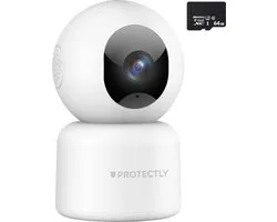 Caméra de sécurité intérieure Protectly® - 2K 3MP Ultra HD - Caméras de sécurité - Caméra pour animaux - Avec application Wi-Fi - Suivi des mouvements et détection sonore - Carte SD 64 Go incluse - 2,4/5 GHz - Geen abonnement - Wit