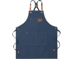 Canvas Schort - Unisex Werkschort - Chef-schort - Met Verstelbare Schouderbanden en 3 Zakken - Oberschort - Keuken - Koken - Bakken - Kunstenaar - Schilderen - Blauw