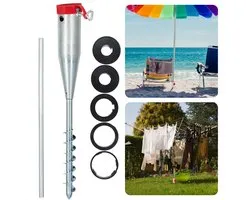 Pied de parasol Cheqo® à encastrer dans le Terre - Base de parasol - Parasol à tarière - Support de parasol Terre - Modèle à vis - Ancrage au sol - Également pour corde à linge - Longueur 56cm - Diamètre 65mm - Galvanisé - Avec 5 adaptateurs