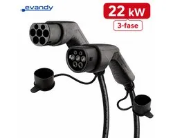 Evandy Premium Type 2 Laadkabel 22 kW 3-fase 32A 5 Meter – EV Laadkabel Elektrische Auto – Mennekes – CE – IP54 – Universeel – Snelladen