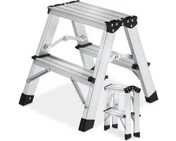 tectake® Dubbelzijdige Aluminium Keukentrap - 2 Treden - 38,5 cm - Stevige Trap Ladder - Opklapbaar Opstapje - Antislip Huishoudtrap