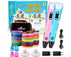TinyPlay - Set van twee - 2x 3D Pen Starterspakket XXL - 100m Filament Vullingen - Opbergcase - Transparante tekenmat - Tekenboek - Vingerbeschermers - Knutselen Meisjes & Jongens - 3D pennen