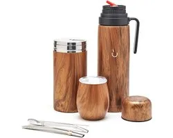 Ensemble de tasses BALIBETOV Yerba Maté - Calebasse Yerba Maté moderne, Thermos, Récipient Yerba Maté (Yerbero), Bombilla (paille à Maté) et brosse de nettoyage - Acier inoxydable 304 18/8 (Bois)